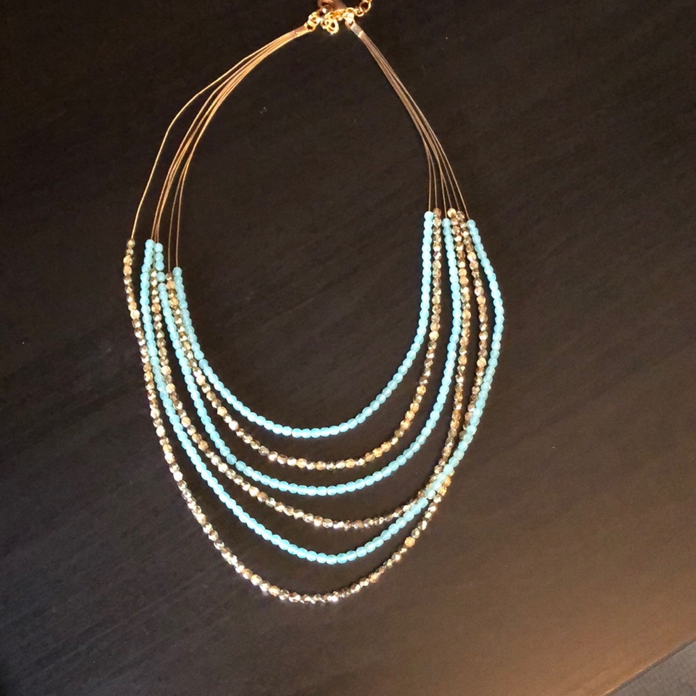 Gold and sky blue beaded necklace